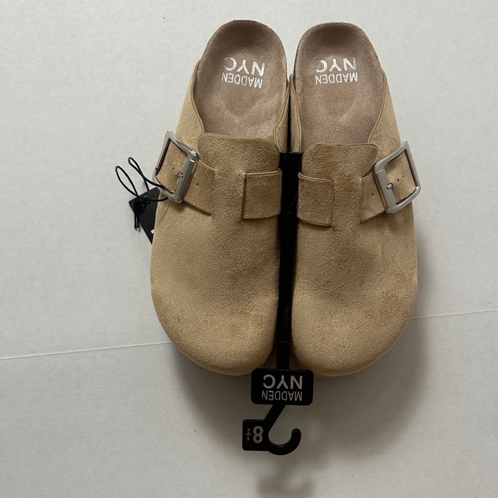 NYC Beige Suede Buckle Slip-On Clogs